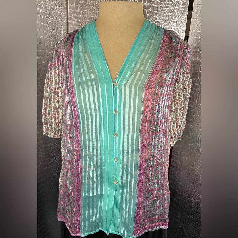 Sheer Teal and Pink Floral Stripe Geometric Pattern Women's Top